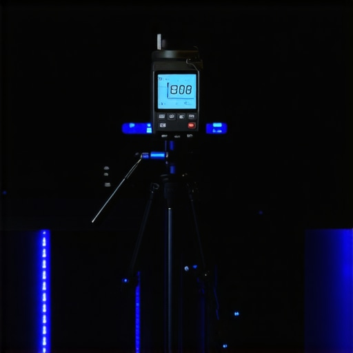 A digital sound pressure level meter on a tripod used for manual speaker calibration.