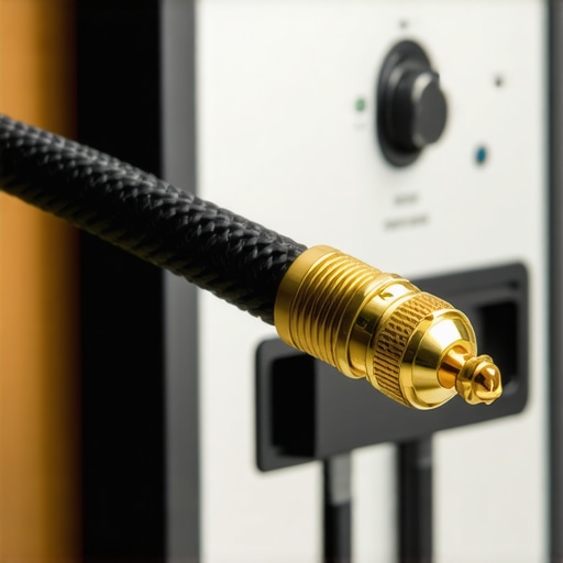 A close-up of a spade lug being attached to high-quality speaker wire for an AV setup.