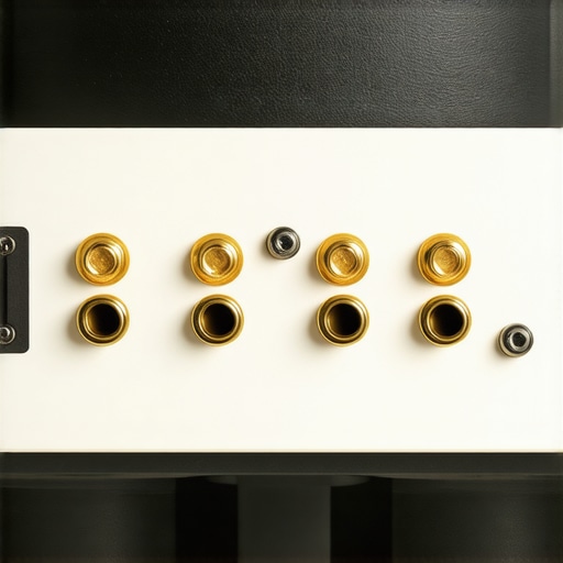 A close-up view of gold-plated speaker terminals and banana plug connections.