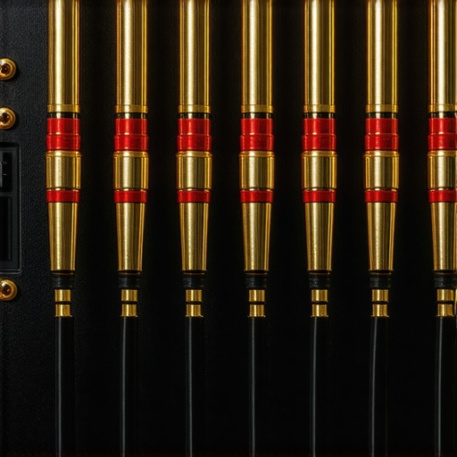 Close-up of speaker cables with banana plugs entering an amplifier