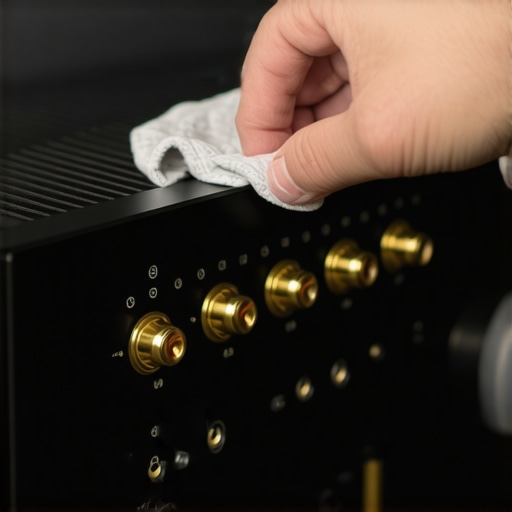 Cleaning gold-plated speaker terminals on an AV receiver to prevent oxidation.