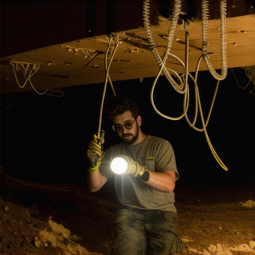 Close up of speaker cables neatly organized with J-hooks under floor joists in a crawl space.