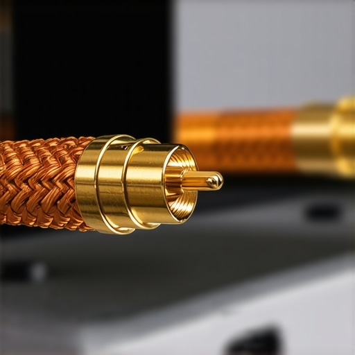 Close up of gold-plated spade lugs and high-quality speaker cables for home audio maintenance.