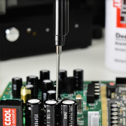 A technician using a capacitor tester on an AV receiver circuit board