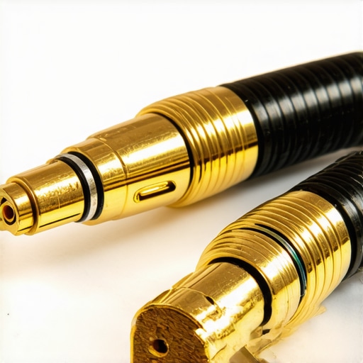 Professional speaker cable termination with banana plugs Close-up of a gold-plated banana plug on a thick speaker wire showing a secure connection.