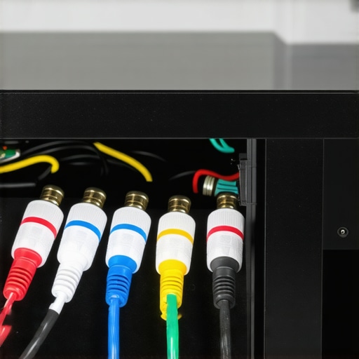 Close up of audio and power cables crossing at 90 degrees behind an AV rack