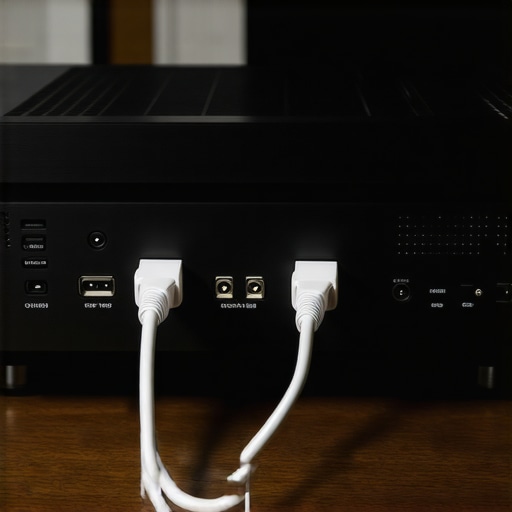 The back of a home theater receiver demonstrating correct 90-degree cable crossing to prevent signal interference.