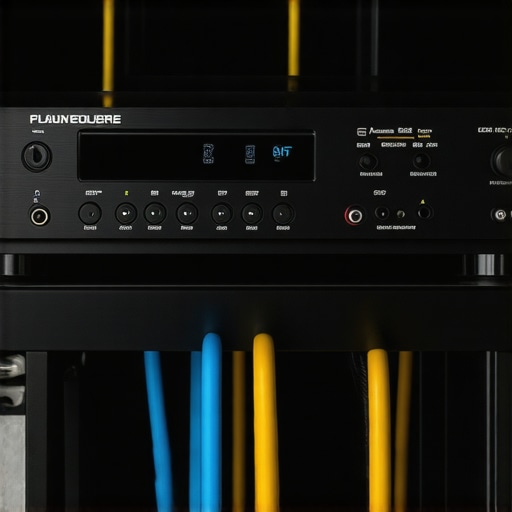 Proper AV Component Spacing and Cable Management An organized home theater rack showing proper ventilation spacing between an AV receiver and power amplifier