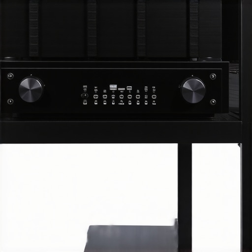 A home theater rack showing the correct way to space an amplifier and receiver to prevent overheating.