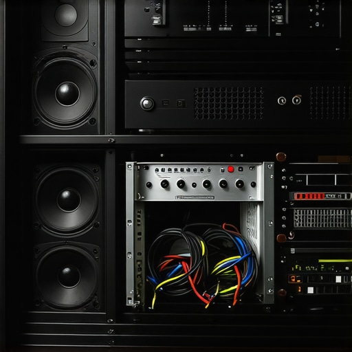 Professional AV rack showing proper spacing and cooling between a receiver and power amplifier for heat management.