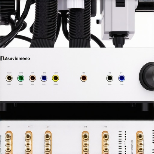 A detailed view of labeled speaker wires connected to clean gold terminals on an AV receiver back panel.
