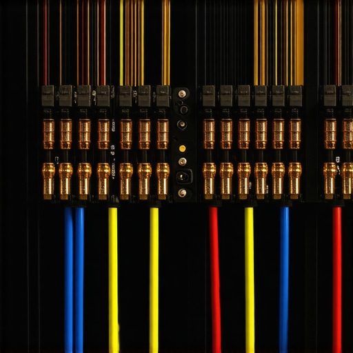 Close up of speaker cables arranged in a figure-eight pattern to prevent electromagnetic interference behind an AV rack.
