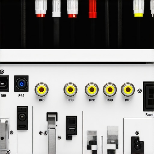 Close-up of separated power and signal cables behind an AV receiver to prevent interference.
