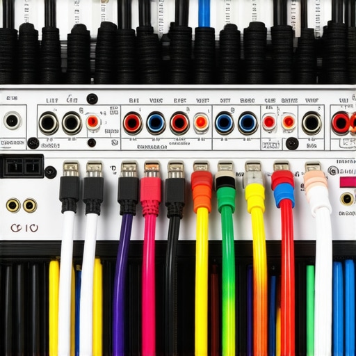 Close-up of organized AV receiver cables showing separation between power and signal wires.