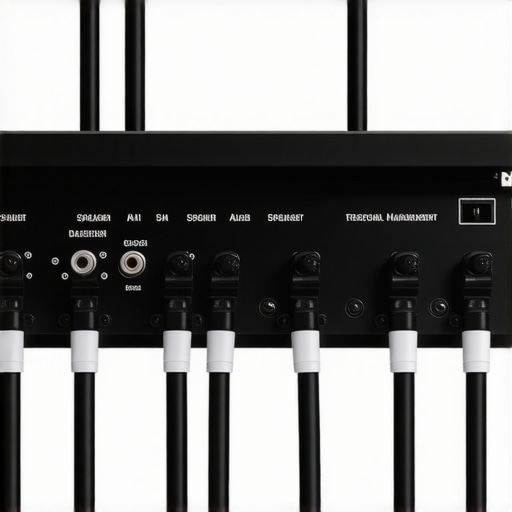 Neatly labeled home theater cables behind an AV receiver for easy identification.