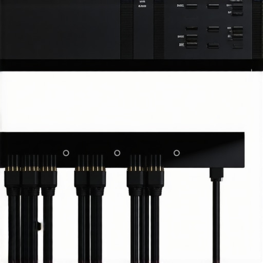 Organized home theater rack with labeled cables and cooling space
