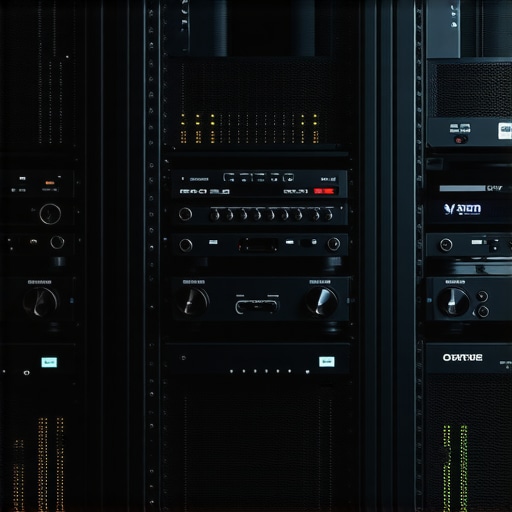 A professional audio rack with power amplifiers spaced for ventilation.