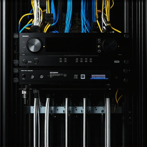 A well-ventilated home theater rack with spaced out components to prevent overheating.