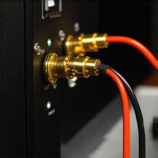 Close-up of speaker wire termination with banana plugs
