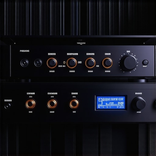 Close up of an audio rack showing the space between a power amp and a receiver for cooling