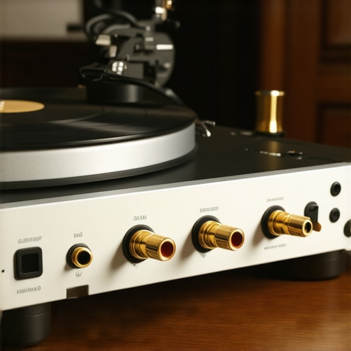 Close up of an external phono preamp connected to a turntable with a focus on the grounding wire