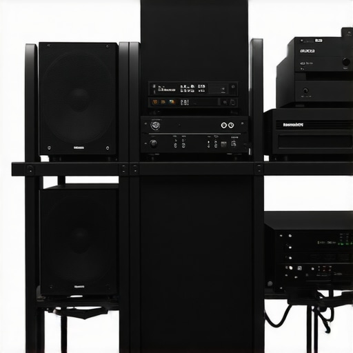 A high-end audio rack showing separate shelves for power amps and receivers to prevent interference.