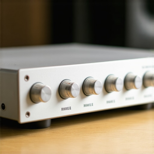 Close up of banana plugs inserted into a small desktop amplifier with high-quality speaker cables