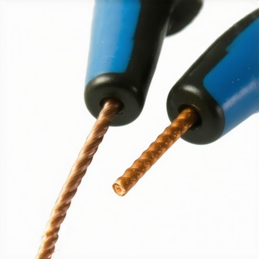 Close-up of wire strippers removing insulation from clean copper speaker wire.