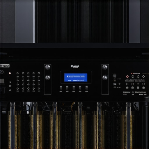 Properly ventilated power amplifier on an open rack A close-up of a high-end power amplifier positioned on an open shelf to ensure proper cooling and reduce audio distortion.