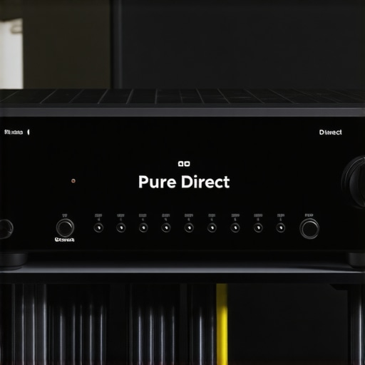 Close-up of a Pure Direct button on a home theater receiver showing audiophile setup.
