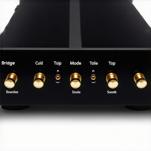 Close up of power amplifier speaker terminals and bridging switch