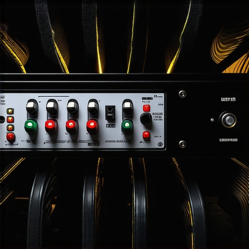 Rear view of an AV receiver and power amp showing speaker cable connections and wire management