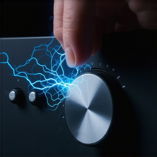 A finger discharging static electricity onto a metal AV receiver volume knob