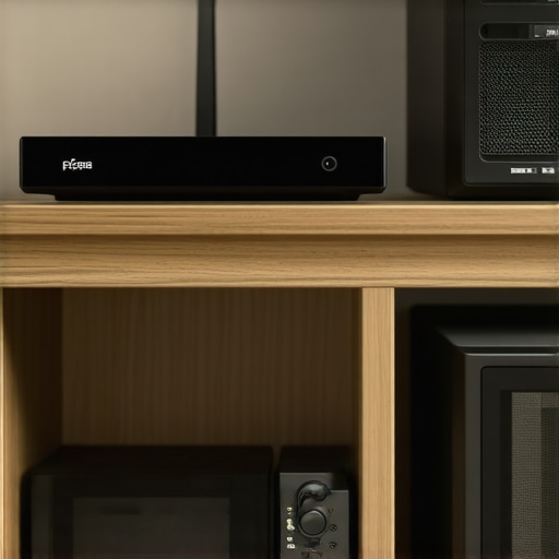 Professional home theater setup showing correct placement of wireless audio transmitters to avoid kitchen interference.