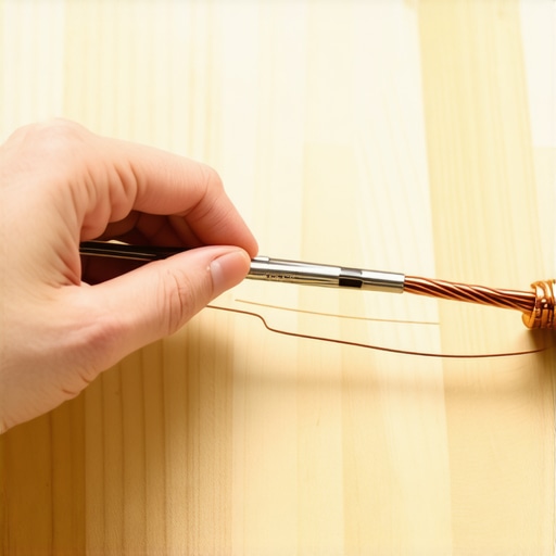 A close-up shot of stripping a thick copper speaker wire with a professional tool on a workbench.