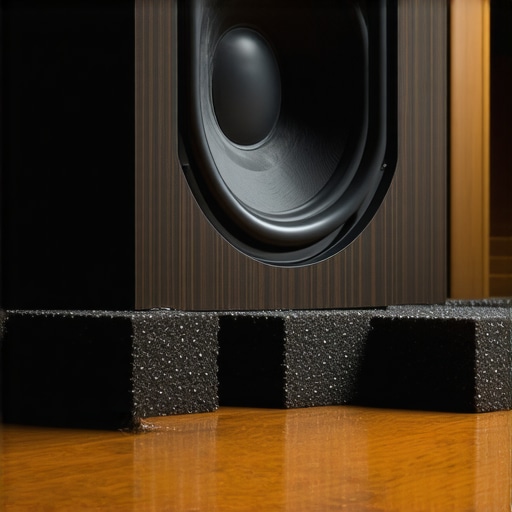 Subwoofer Decoupling Foam Pad Detail Close-up of a subwoofer cabinet placed on a professional acoustic isolation pad to prevent floor vibrations.