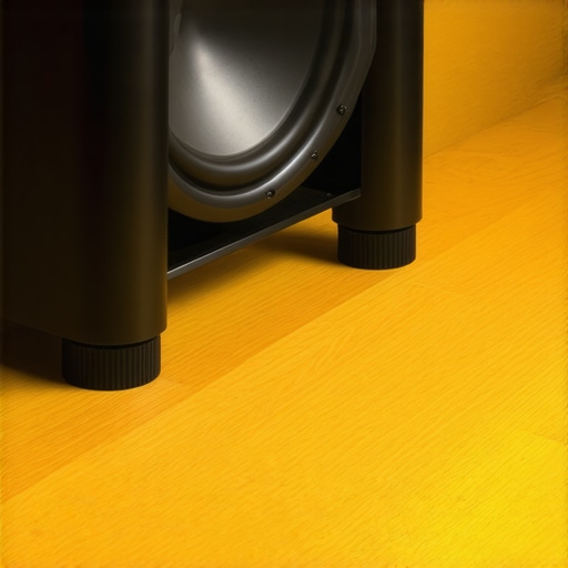 A downward-firing subwoofer decoupled from a hardwood floor using a professional isolation platform.