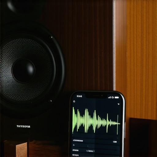 Close-up of a tweeter and a smartphone used for audio frequency testing.