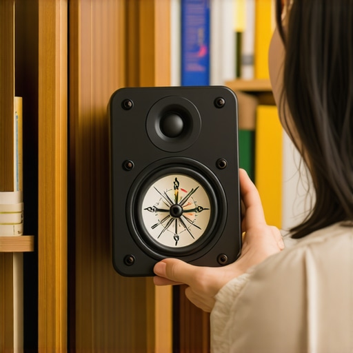 Using a compass to check for magnetic fields near a home audio speaker.