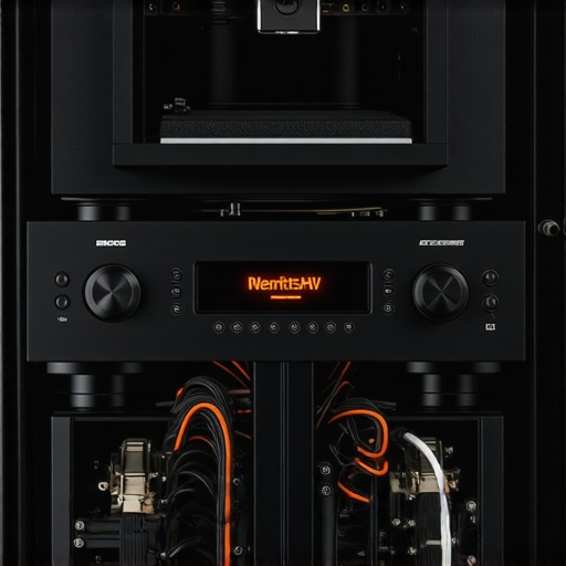 Close up of an overheating AV receiver and power amplifier stacked together in a tight cabinet.