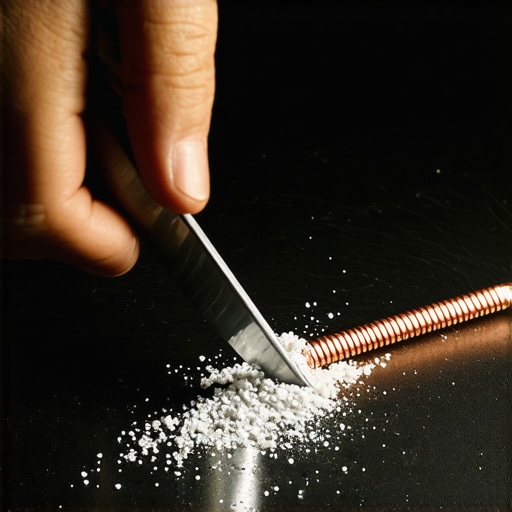 Close-up of a utility knife revealing the silver aluminum core of a copper-clad speaker wire.