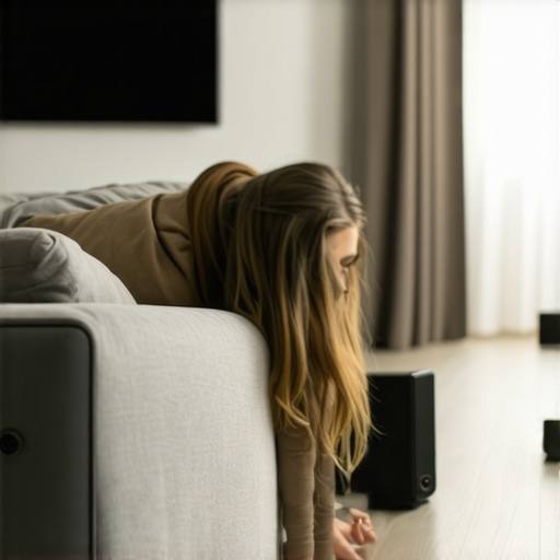 The Subwoofer Crawl Placement Technique A home theater enthusiast using the subwoofer crawl method to find the best bass response in a living room.