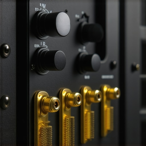 Close up of an amplifier rear panel highlighting the bridge mode switch and speaker terminals.