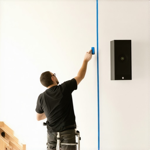 A home theater enthusiast using a chalk line to mark precise overhead speaker locations on a ceiling.