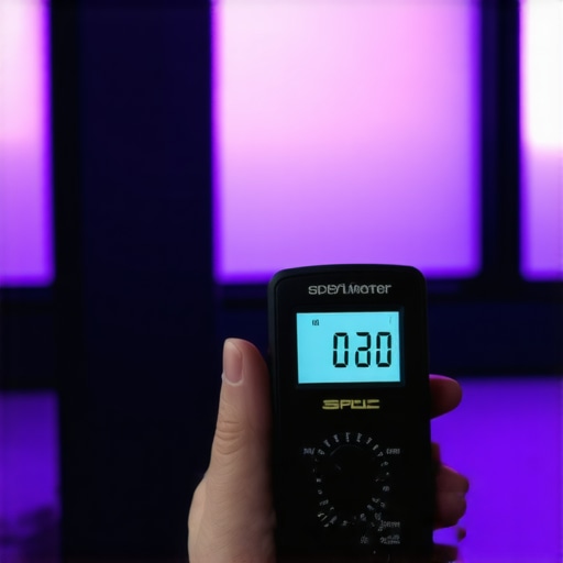 Handheld digital SPL meter being used to calibrate speaker levels in a home cinema.