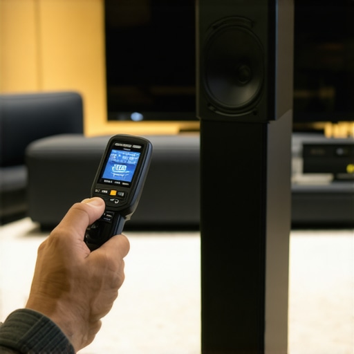 Technician using an SPL meter to calibrate home theater speakers for perfect balance.