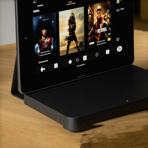 An iPad Mini being used as a dedicated smart remote for a home cinema setup.